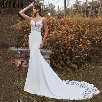 JEHETH 2024 Свадебные платья без рукавов с V-образным вырезом, Кружевные атласные платья для невесты, Vestidos De Novia, сшитые на заказ