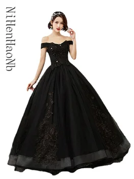 Пышные Платья Черный 2023 Новый Элегантный Вырез Лодочкой Роскошная Вышивка Vestidos De 15 Anos Party Prom Винтажное Пышное Платье