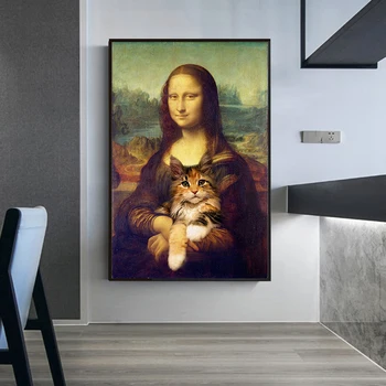 Забавное Искусство Мона Лиза, Держащая Кошку, Картины на Холсте, Настенные Плакаты и Гравюры Да Винчи, Знаменитые Картины для Гостиной