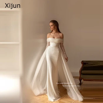 Свадебные платья с блестками Xijun, свадебные платья с открытыми плечами, пышные рукава, свадебные платья в стиле русалки, съемный шлейф Vestido