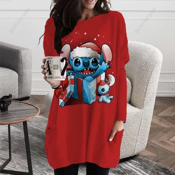 Футболка с рождественским принтом Disney Stitch, удлиненная футболка с карманом, женская одежда, осенний базовый топ, Женская футболка с длинным рукавом