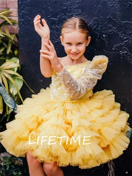 Желтое платье с цветочным узором из тюля с пайетками на одно плечо, желтое изысканное праздничное детское платье на день рождения, кружевное бальное платье длиной до колен, платья принцессы