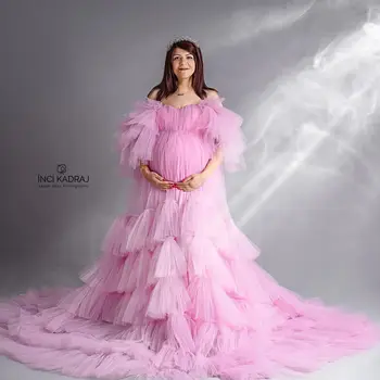 Гламурные Розовые вечерние платья с открытыми плечами, многоуровневые оборки, халаты для беременных для фотосессии, сексуальные платья для детского душа длиной до пола