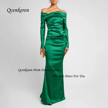 Qcenkern, зеленое платье для выпускного вечера с открытыми плечами, Атласное вечернее платье 