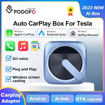 Podofo Wireless CarPlay AI Box Для Tesla Model 3 Для модели Y X S Беспроводной Android Автоадаптер AI Голосовое Управление AirPlay