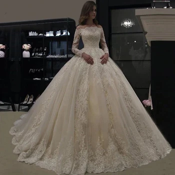Элегантное бальное платье с длинными рукавами, свадебное платье Vestido De Noiva, модные аппликации, вырез лодочкой, шлейф, вечерние платья невесты