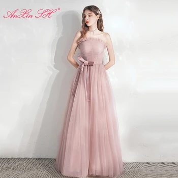 AnXin SH принцесса, розовое кружевное вечернее платье, винтажные оборки, невеста без бретелек, большой бант, трапециевидное длинное вечернее платье на шнуровке