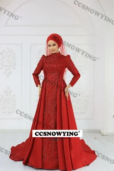 Роскошные Красные Аппликации, Расшитые бисером, Исламский Хиджаб с длинным рукавом и высоким вырезом, Мусульманское вечернее платье Rode De Soire, Арабский Кафтан из Дубая