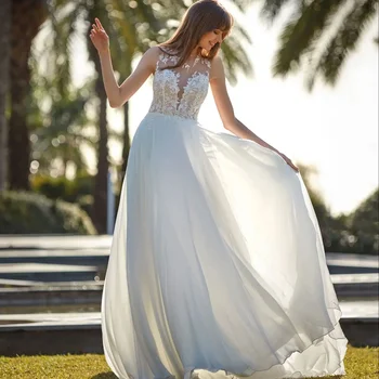 Изящное Свадебное платье Трапециевидной формы, Шифоновая иллюзия, О-образный вырез, без рукавов, Кружевная аппликация, Свадебное платье для женщин, Халат Vestido De Novia