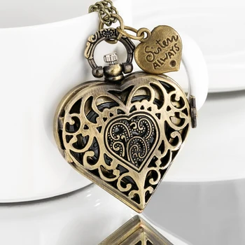 Кварцевые карманные часы в форме бронзового сердца для женщин, свитер, ожерелье, Подвеска, Старинные Карманные часы, Подарки для леди
