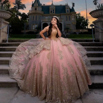 Розовое Бальное платье Lorencia Quinceanera Dress 2024 с Золотой Кружевной аппликацией Princess Vestidos De XV 15 Años Birthday Sweet 16 Dress YQD496