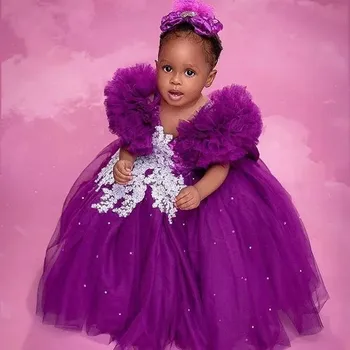 Фиолетовые кружевные платья с кристаллами для девочек-цветочниц 2023 Бальное платье из тюля, элегантные нарядные платья на день рождения для маленьких детей, свадебные платья