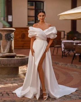 2024 Классические свадебные платья с пышными рукавами трапециевидной формы на шнуровке, сексуальные бальные платья с разрезом сбоку, вечерние платья для невесты, Пляжная вечеринка, Vestidos