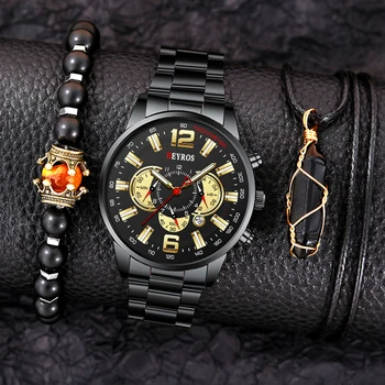 Модные мужские часы с ожерельем-браслетом, мужские деловые повседневные кварцевые часы из нержавеющей стали, мужские наручные часы с календарной датой