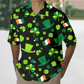 Мужская рубашка, Блузки в честь Ирландского национального дня, Рубашки с клевером, Топы в честь Дня Святого Патрика, мужские майки Зеленого цвета с отворотом и коротким рукавом 