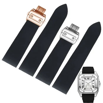 Черный резиновый водонепроницаемый ремешок для часов Cartier Santos 100 W2020007, силиконовый ремешок, серебряный браслет с откидной пряжкой, 25 мм