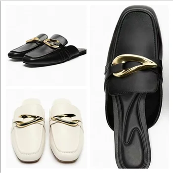Новая женская обувь Baotou Black с мелким вырезом TRF, металлические детали декора, открытые сандалии на каблуке, белые тапочки