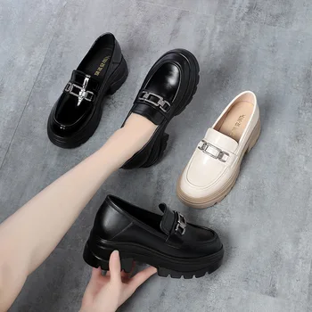 Весенние новые женские туфли-лодочки из кожи на толстой подошве, черно-бежевые туфли Mary Jane в британском стиле, женские тонкие туфли Talon Femme 6,5 см