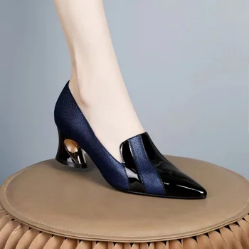 Новые женские туфли из мягкой кожи на среднем каблуке, модная весенняя обувь, С открытым носком, Большой размер, Синие, Винно-красные, Прямая поставка