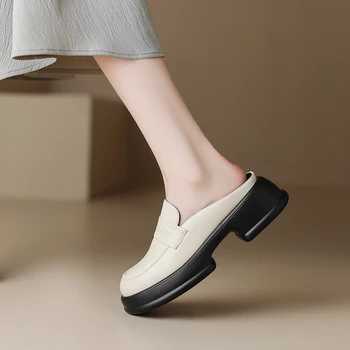 Весенняя женская обувь 2024 года, тапочки, женская обувь из спилка, круглый носок, массивный каблук, женские туфли в стиле ретро на платформе и каблуке