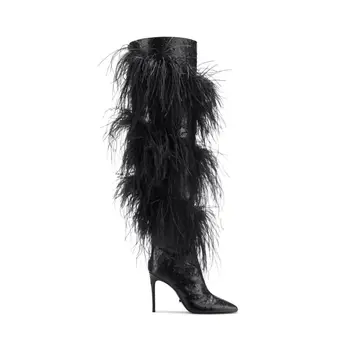 Пикантные Черные Женские сапоги выше колена на высоком каблуке-шпильке, Украшенные перьями, Женские Модельные туфли на молнии с острым носком Сбоку, Обувь для подиума