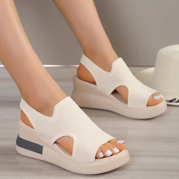 Женская обувь в продаже 2023 Новые женские сандалии с открытым носком Летние сандалии на танкетке с рыбьим ртом Повседневные женские сандалии из эластичной ткани