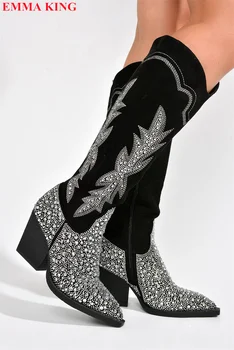 Демисезонные сапоги до колена со стразами, женская модная черная женская обувь на квадратном каблуке, Зимние ковбойские сапоги в западном стиле Большого размера 44