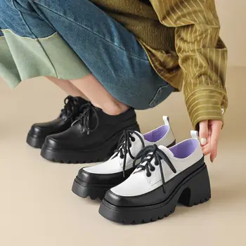 Женская Обувь на каблуках из натуральной кожи, квадратный носок, толстая подошва, водонепроницаемая платформа, однотонная модная обувь на высоком каблуке