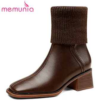 MEMUNIA 2023, Новые женские ботинки из натуральной кожи без застежки, осенне-зимние ботильоны, женская обувь на толстом высоком каблуке в стиле ретро