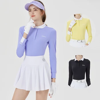 Blktee/ Осенне-зимняя женская футболка для гольфа с длинным рукавом, женская спортивная рубашка в стиле пэчворк, тонкие топы-поло с лацканами, одежда для гольфа для отдыха
