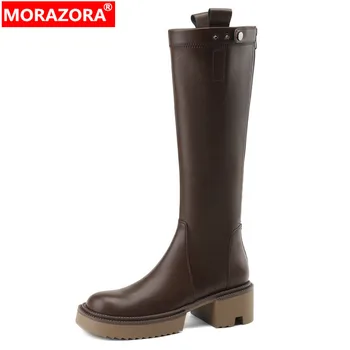 MORAZORA / 2024/ Новые женские ботинки на платформе из натуральной кожи; зимние ботинки на высоком квадратном каблуке; Модные женские сапоги до колена на молнии;
