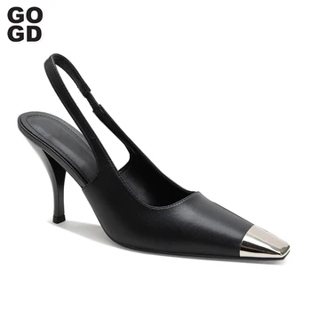 GOGD 2023 Роскошные туфли-лодочки с металлическим декором, сексуальные туфли на высоком каблуке, новинка 2023, летняя свадебная вечеринка, блестящие тонкие туфли, элегантный стиль, мода