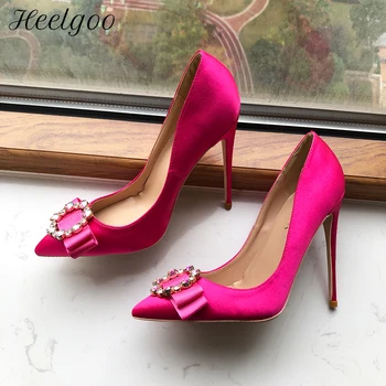 Heelgoo Circle, декор стразами, Классические атласные туфли на высоком каблуке, женские розовые туфли-лодочки на шпильке с острым носком, свадебные туфли