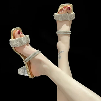 Летние Модные босоножки с квадратным носком, украшенные стразами, Элегантные Сексуальные повседневные тапочки на высоком каблуке, женская обувь