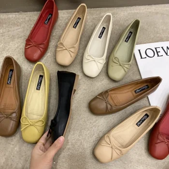 Женская обувь на плоской подошве с бантом и квадратной головкой, Весна-осень, 2023, Дизайнерская обувь на мягкой подошве, женская однотонная модная повседневная обувь
