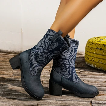 Женские ботинки в Западном стиле с цветочной вышивкой, 2023, Осенние Ботильоны на не сужающемся книзу массивном каблуке в стиле Панк, Большие размеры 42, Короткие Botas Mujer