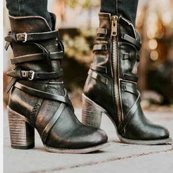 Ботильоны в стиле ретро, квадратный каблук, молния с круглым носком, Большие размеры, демисезонные женские модные ботинки в римском стиле, Botas De Mujer