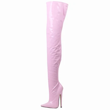 Женские тонкие сапоги выше колена на сверхвысоком каблуке 18 см с острым носком и боковой молнией 2023, модные, сексуальные фетиш-сапоги с промежностью