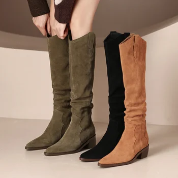 Элегантные женские ботинки осень-зима с V-образным вырезом, ретро Тонкие ботинки длиной до колен, плиссированные длинные ботинки на толстом каблуке, ботинки Western Knight