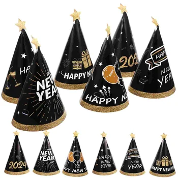 2024 Шляпы с Новым годом, 12шт Шляпы с бумажным конусом, 3D Черные шляпы для вечеринок, Новогодняя вечеринка, Вечеринка по случаю Дня рождения, Фото