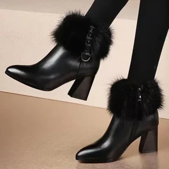Женская обувь в продаже 2023, Новые женские ботинки на молнии, зимние, с круглым носком, из плотного плюша, теплые, удобные, без застежки, сапоги на высоком каблуке