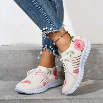 Обувь для женщин 2023 г. Новая осенняя женская вулканизированная обувь смешанных цветов из сетчатой ткани с круглым носком, дышащая спортивная обувь на шнуровке, женская
