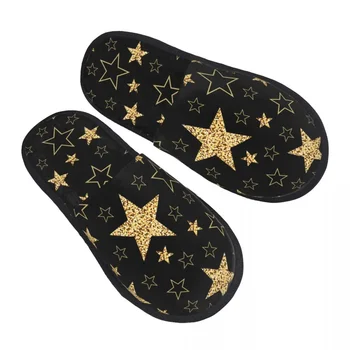Зимние тапочки Женские мужские Модные пушистые теплые тапочки Золотые звезды Домашние тапочки на черном фоне Забавная обувь