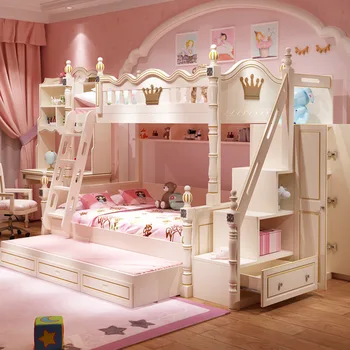 Детская мебель, двухъярусная кровать, двуспальная кровать, кровать принцессы для девочек, кровать из массива дерева для матери и сына