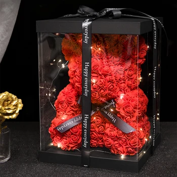 Мишка из искусственной розы, плюшевый мишка из пенопластовой розы с коробкой /подсветкой, Подарок на День Святого Валентина для подруги, матери, свадебный декор