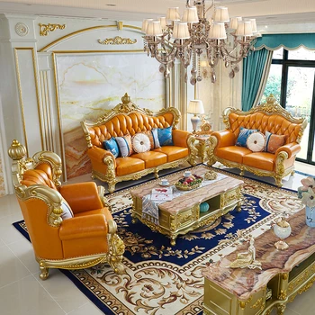Европейский кожаный диван 123 комбинированная вилла из массива дерева, резной золотой кожаный диван на втором этаже