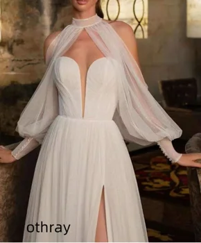 Белое Атласное Свадебное платье в пол с высоким вырезом и разрезом спереди и длинными рукавами 원피스 vestidos de fiesta para mujer