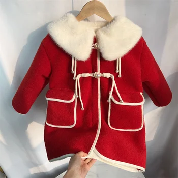 Зимнее Новое Детское пальто из Кроличьей шерсти, Теплое и Утолщенное Красное Суконное пальто для девочек, Хлопчатобумажное пальто