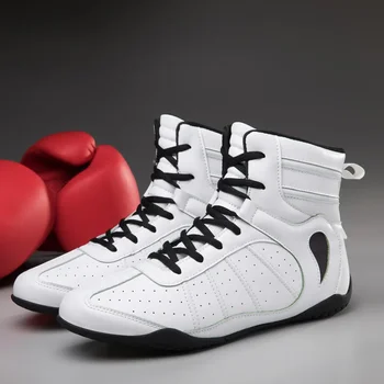 Новое поступление, Боксерские ботинки для пар, сине-белая Кожаная обувь для борьбы, Унисекс, Противоскользящая Боксерская обувь, Дизайнерские кроссовки, мужские