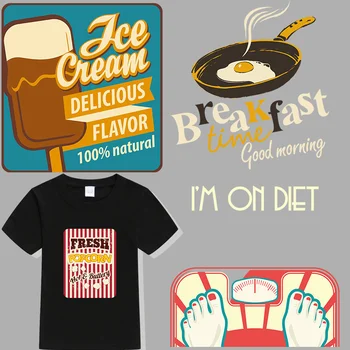 Мультяшные весы для взвешивания пищевых продуктов с попкорном, жареным яйцом и мороженым, наклейка с теплопередачей для футболки с коротким рукавом, аппликация 